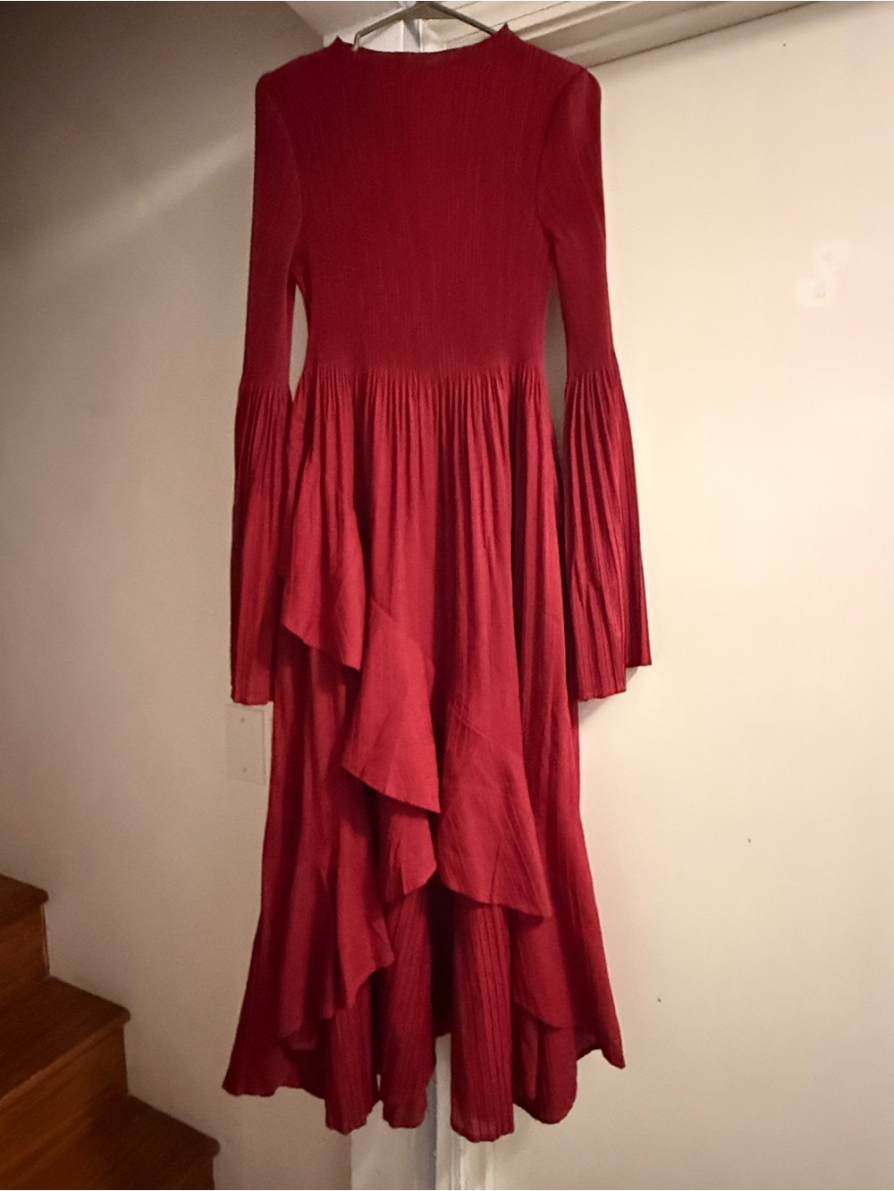 Red Long-Sleeve Ruffled Midi Dress
